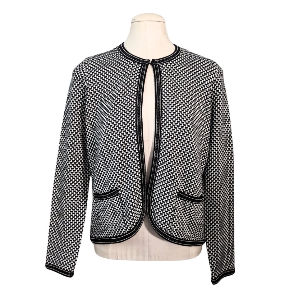J. MCLAUGHLIN Black & White Eyehook Open Front Cardigan Beaded Trim Size Medium